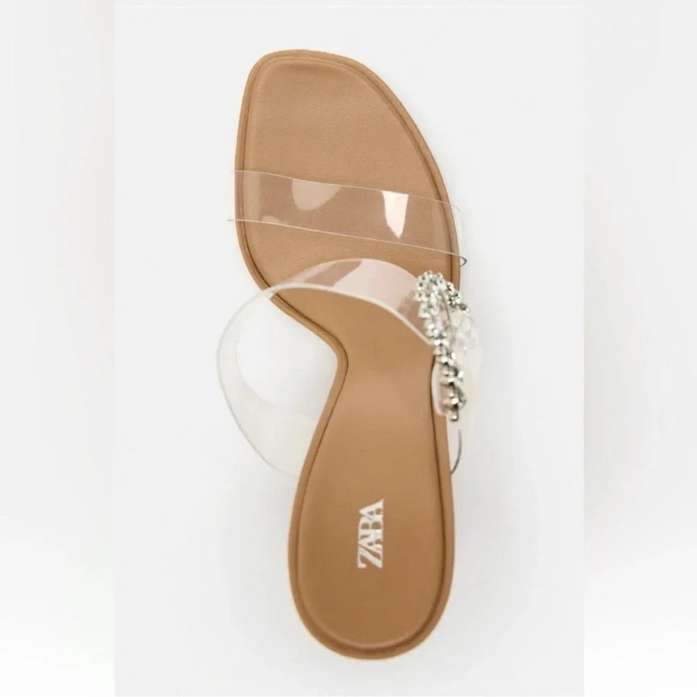 ZARA HIGH HEELED LIGHT BEIGE VINYL SANDALS - Picture 7 of 9